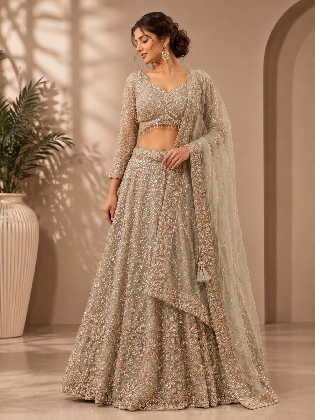 Sage Green Bridal Embroidered Lehenga Set with Net Dupatta